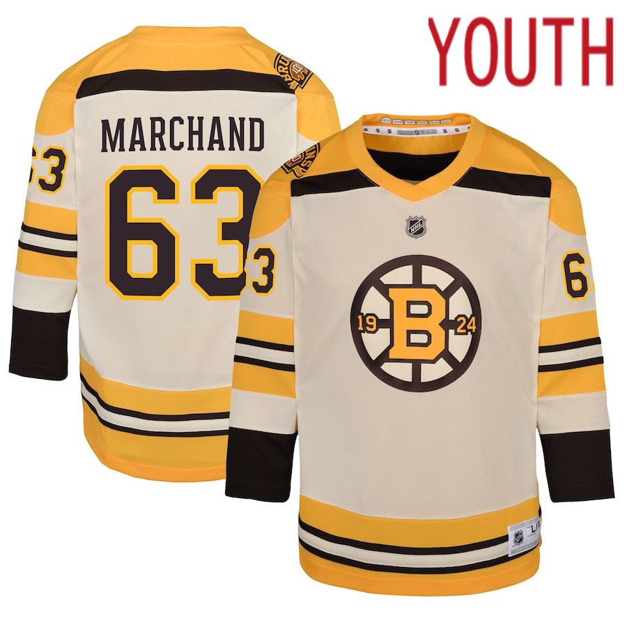 Youth Boston Bruins #63 Brad Marchand Cream 100th Anniversary Replica Player NHL Jersey->youth nhl jersey->Youth Jersey